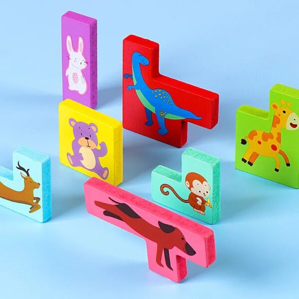 Puzzle din Lemn , Tip Tetris, +4 Ani, cu Animale Colorate 3D, 7 Piese, Multicolor - imagine 2