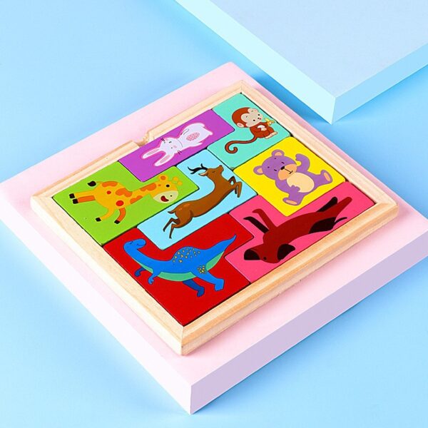 Puzzle din Lemn , Tip Tetris, +4 Ani, cu Animale Colorate 3D, 7 Piese, Multicolor - imagine 3