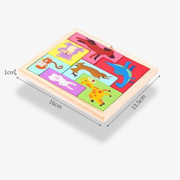 Puzzle din Lemn , Tip Tetris, +4 Ani, cu Animale Colorate 3D, 7 Piese, Multicolor - imagine 4