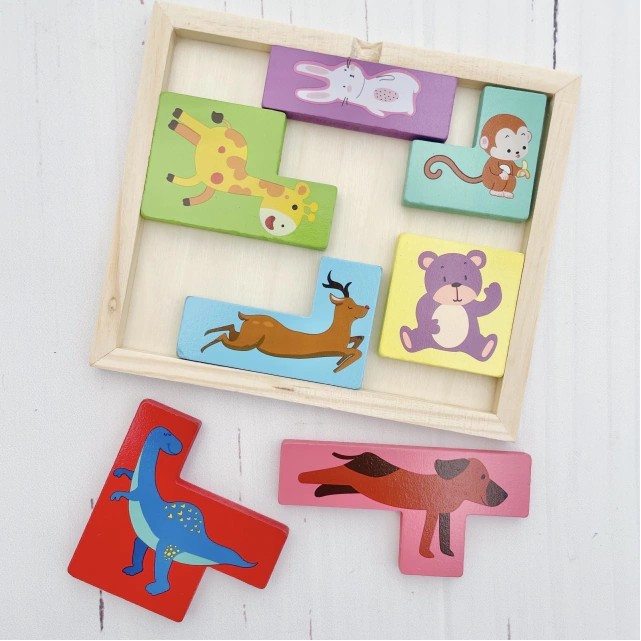 Puzzle din Lemn , Tip Tetris, +4 Ani, cu Animale Colorate 3D, 7 Piese, Multicolor - imagine 2