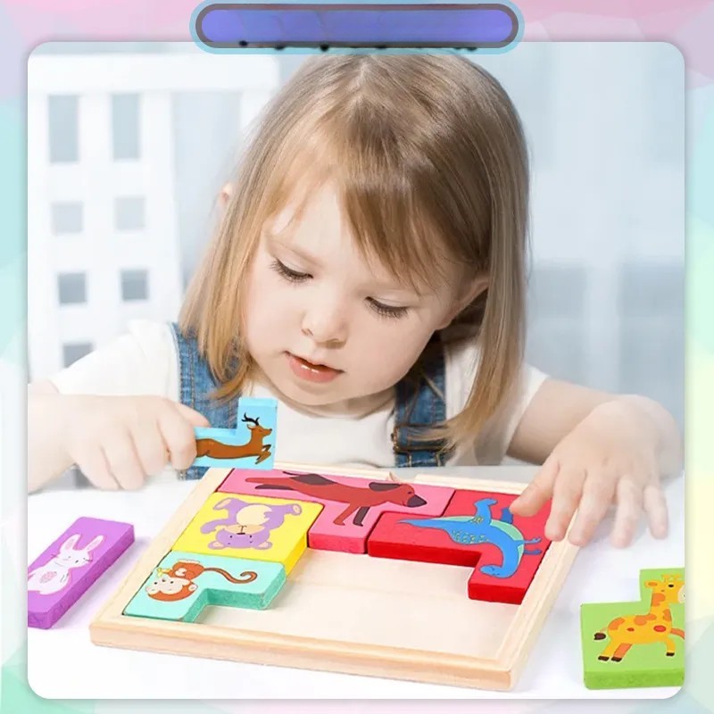 Puzzle din Lemn , Tip Tetris, +4 Ani, cu Animale Colorate 3D, 7 Piese, Multicolor - imagine 3