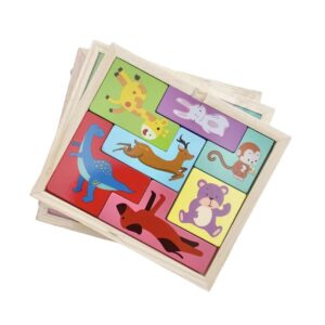 Puzzle din Lemn , Tip Tetris, +4 Ani, cu Animale Colorate 3D, 7 Piese, Multicolor