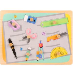 Puzzle Montessori din Lemn pentru Copii, , 0-3 Ani, 3D, Model Instrumente Matematice, Educativ, Intuitiv, Creativ, 9 Piese, 30x22.5x0.8 cm, Multicolor