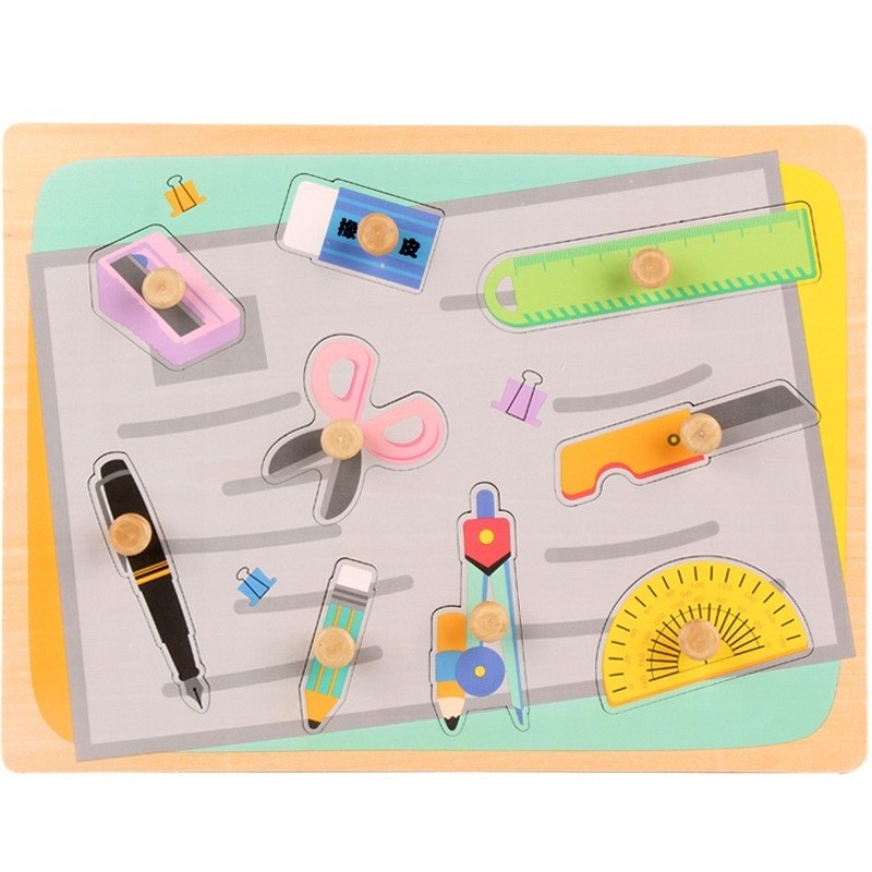 Puzzle Montessori din Lemn pentru Copii, , 0-3 Ani, 3D, Model Instrumente Matematice, Educativ, Intuitiv, Creativ, 9 Piese, 30x22.5x0.8 cm, Multicolor