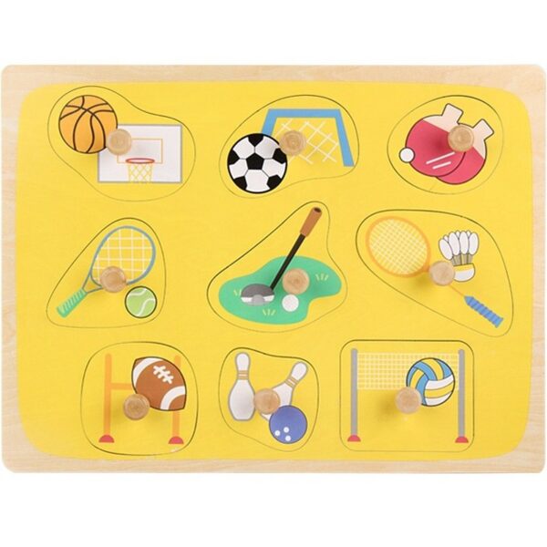 Puzzle Montessori din Lemn pentru Copii, , 0-3 Ani, 3D, Model Sporturi, Educativ, Intuitiv, Creativ, 9 Piese, 30x22.5x0.8 cm, Multicolor