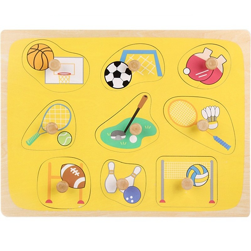 Puzzle Montessori din Lemn pentru Copii, , 0-3 Ani, 3D, Model Sporturi, Educativ, Intuitiv, Creativ, 9 Piese, 30x22.5x0.8 cm, Multicolor
