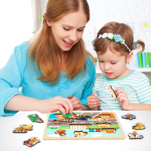 Puzzle Montessori din Lemn pentru Copii, , 0-3 Ani, 3D, Model Transporturi, Educativ, Intuitiv, Creativ, 9 Piese, 30x22.5x0.8 cm, Multicolor - imagine 3
