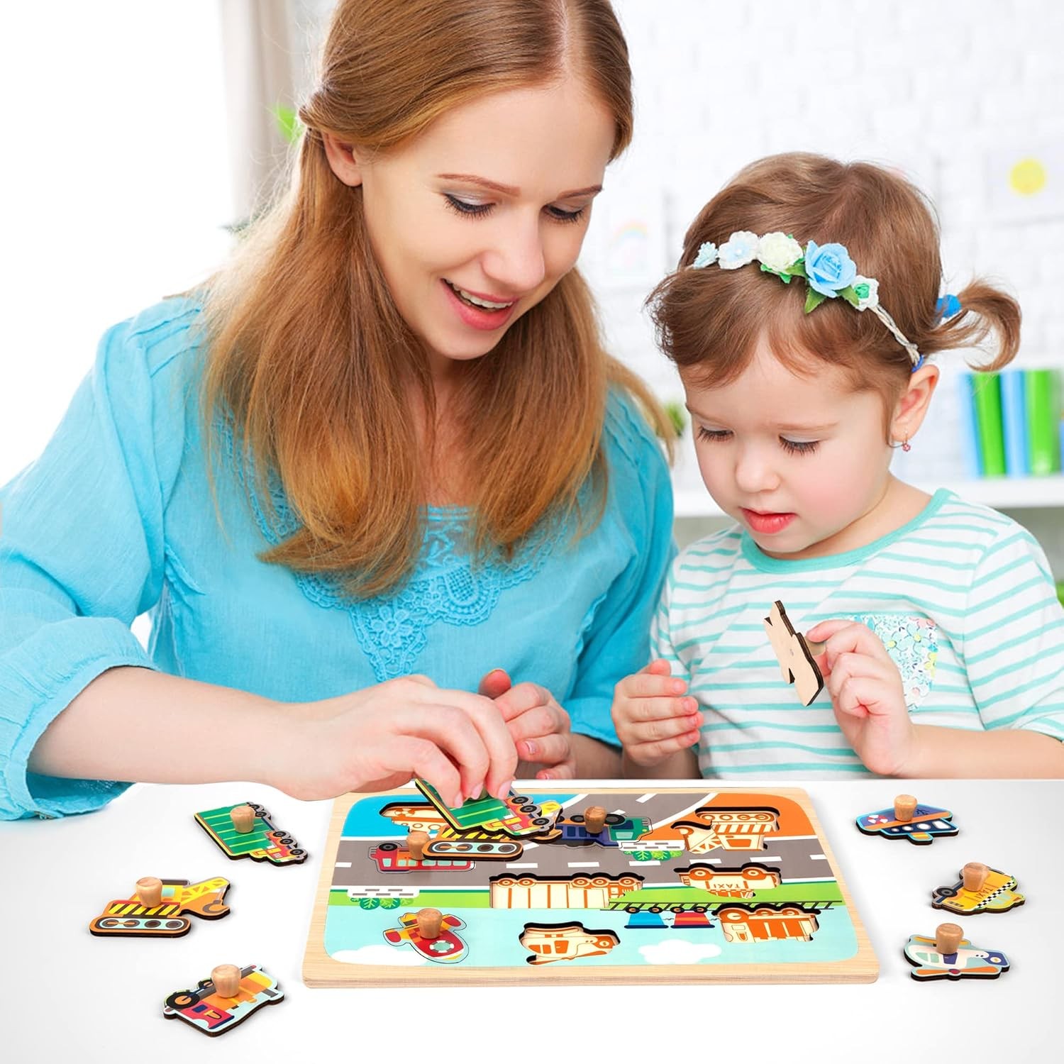 Puzzle Montessori din Lemn pentru Copii, , 0-3 Ani, 3D, Model Transporturi, Educativ, Intuitiv, Creativ, 9 Piese, 30x22.5x0.8 cm, Multicolor - imagine 3