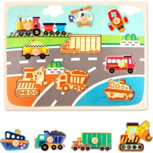 Puzzle Montessori din Lemn pentru Copii, , 0-3 Ani, 3D, Model Transporturi, Educativ, Intuitiv, Creativ, 9 Piese, 30x22.5x0.8 cm, Multicolor