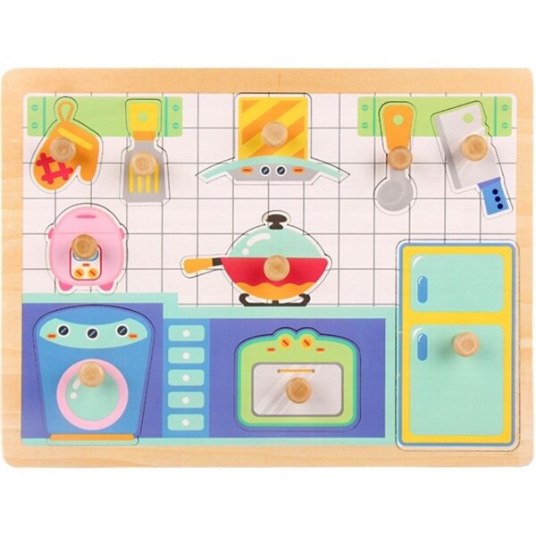 Puzzle Montessori din Lemn pentru Copii, , 3D, 0-3 Ani, Model Bucatarie, Educativ, Intuitiv, Creativ, 10 Piese, 30x22.5x0.8 cm, Multicolor