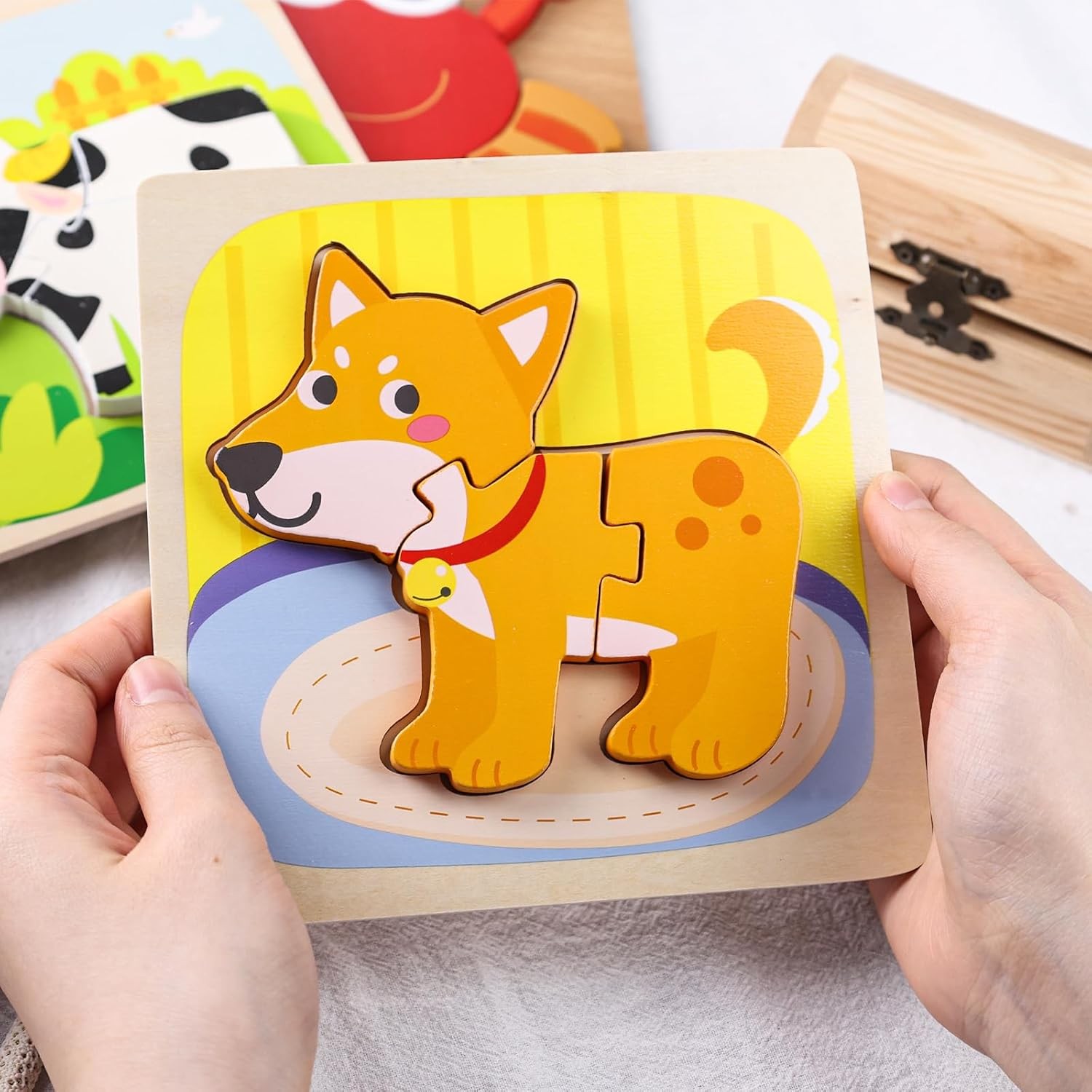 Puzzle Montessori din Lemn pentru Copii, , 3D, 0-3 Ani, Model Catel, Educativ, Intuitiv, Creativ, 3 Piese, 15x15x0.5 cm, Multicolor - imagine 3