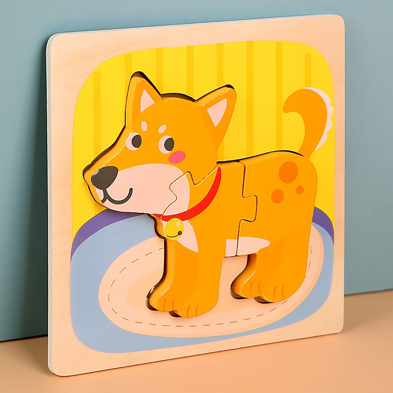 Puzzle Montessori din Lemn pentru Copii, , 3D, 0-3 Ani, Model Catel, Educativ, Intuitiv, Creativ, 3 Piese, 15x15x0.5 cm, Multicolor - imagine 4