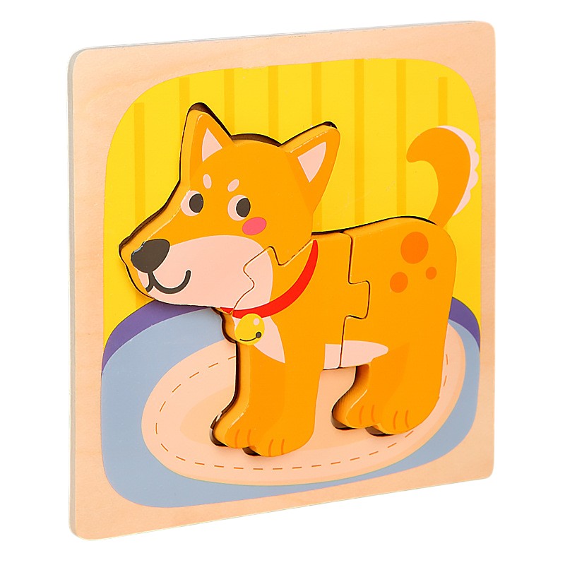 Puzzle Montessori din Lemn pentru Copii, , 3D, 0-3 Ani, Model Catel, Educativ, Intuitiv, Creativ, 3 Piese, 15x15x0.5 cm, Multicolor