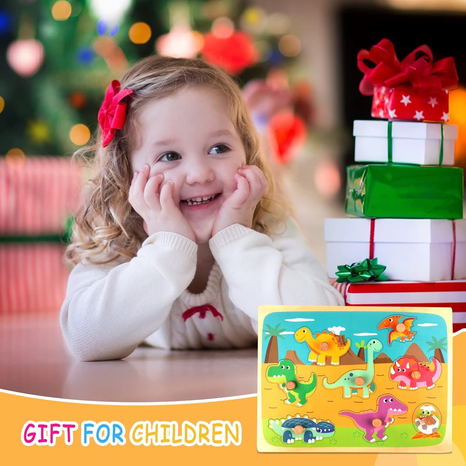 Puzzle Montessori din Lemn pentru Copii, , 3D, 0-3 Ani, Model Dinozauri, Educativ, Intuitiv, Creativ, 8 Piese, 30x22.5x0.8 cm, Multicolor - imagine 2