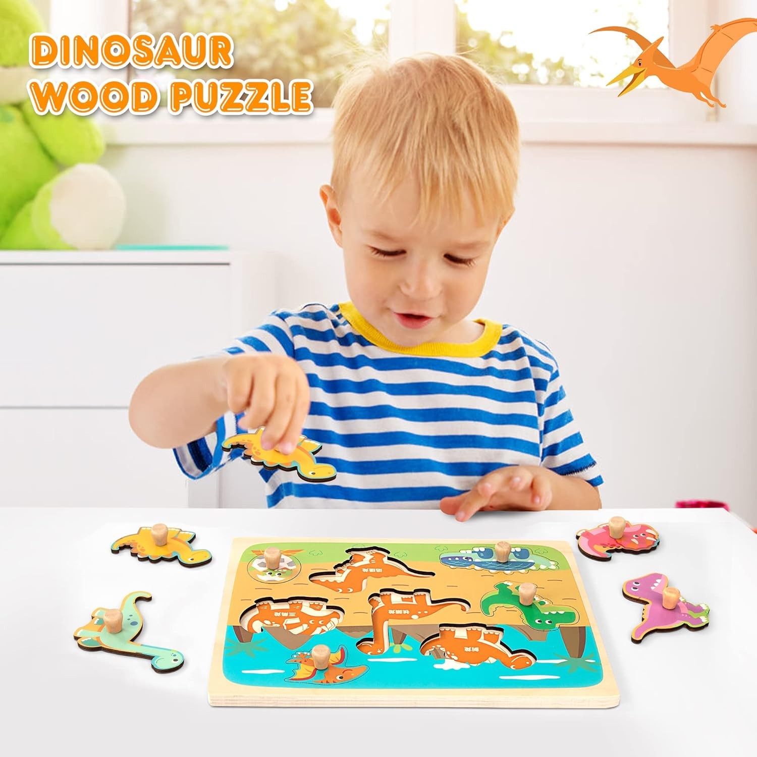 Puzzle Montessori din Lemn pentru Copii, , 3D, 0-3 Ani, Model Dinozauri, Educativ, Intuitiv, Creativ, 8 Piese, 30x22.5x0.8 cm, Multicolor - imagine 3