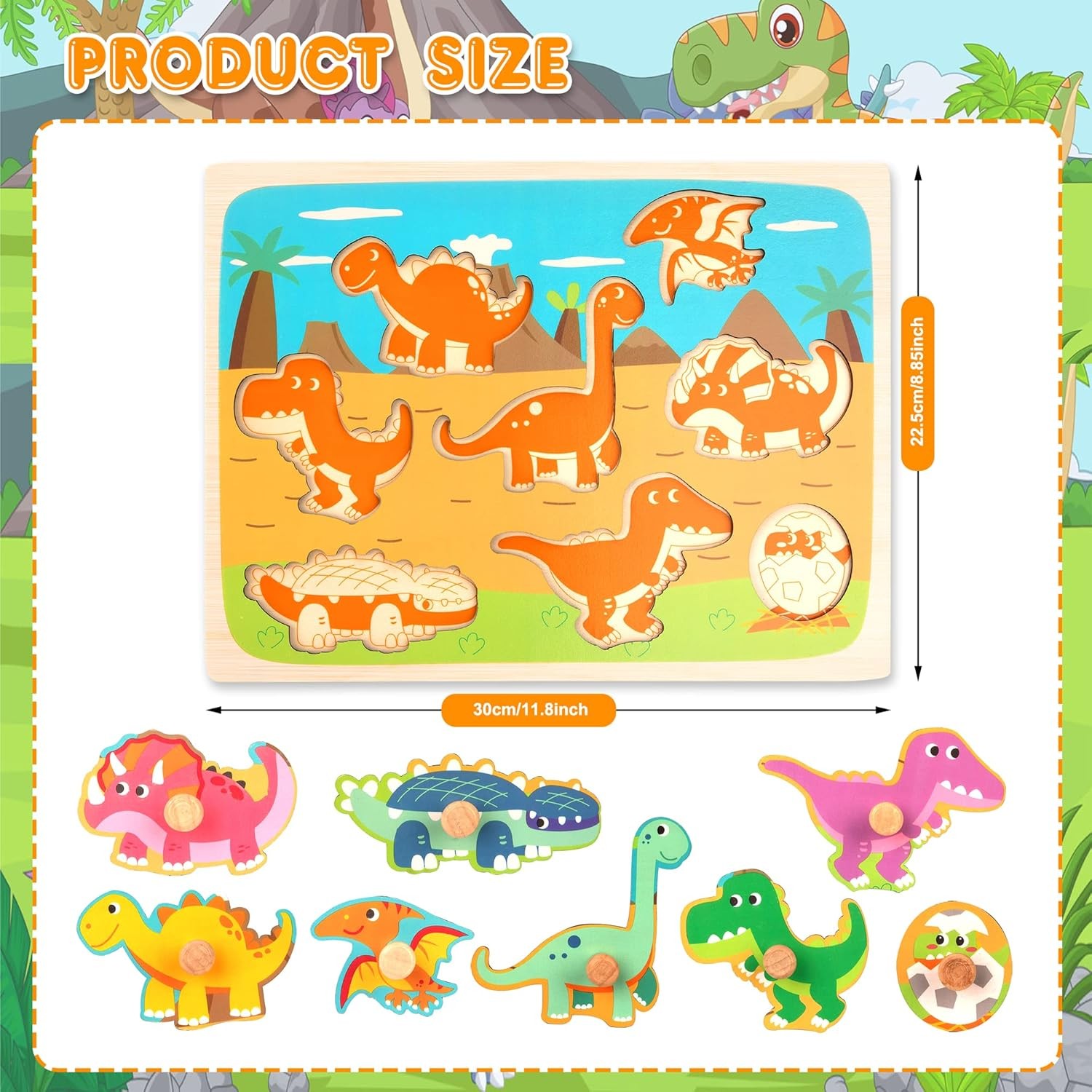Puzzle Montessori din Lemn pentru Copii, , 3D, 0-3 Ani, Model Dinozauri, Educativ, Intuitiv, Creativ, 8 Piese, 30x22.5x0.8 cm, Multicolor - imagine 4