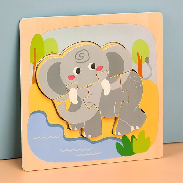 Puzzle Montessori din Lemn pentru Copii, , 3D, 0-3 Ani, Model Elefant, Educativ, Intuitiv, Creativ, 4 Piese, 15x15x0.5 cm, Multicolor - imagine 3
