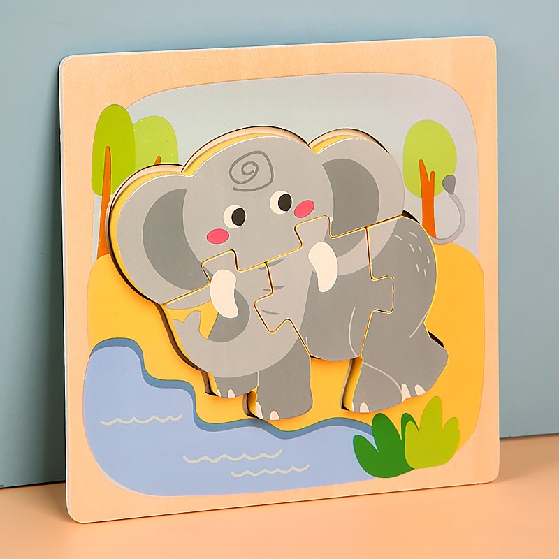 Puzzle Montessori din Lemn pentru Copii, , 3D, 0-3 Ani, Model Elefant, Educativ, Intuitiv, Creativ, 4 Piese, 15x15x0.5 cm, Multicolor - imagine 3