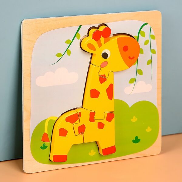 Puzzle Montessori din Lemn pentru Copii, , 3D, 0-3 Ani, Model Girafa, Educativ, Intuitiv, Creativ, 4 Piese, 15x15x0.5 cm, Multicolor - imagine 3