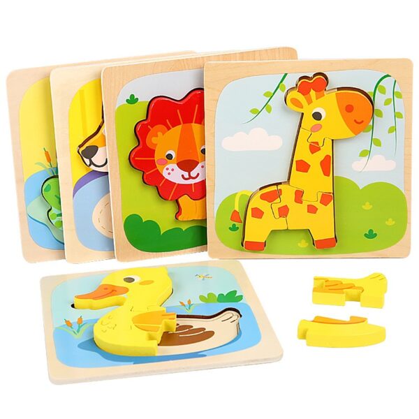 Puzzle Montessori din Lemn pentru Copii, , 3D, 0-3 Ani, Model Girafa, Educativ, Intuitiv, Creativ, 4 Piese, 15x15x0.5 cm, Multicolor - imagine 4