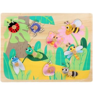 Puzzle Montessori din Lemn pentru Copii, , 3D, 0-3 Ani, Model Insecte, Educativ, Intuitiv, Creativ, 9 Piese, 30x22.5x0.8 cm, Multicolor