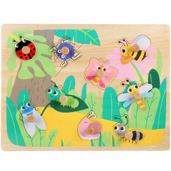 Puzzle Montessori din Lemn pentru Copii, , 3D, 0-3 Ani, Model Insecte, Educativ, Intuitiv, Creativ, 9 Piese, 30x22.5x0.8 cm, Multicolor