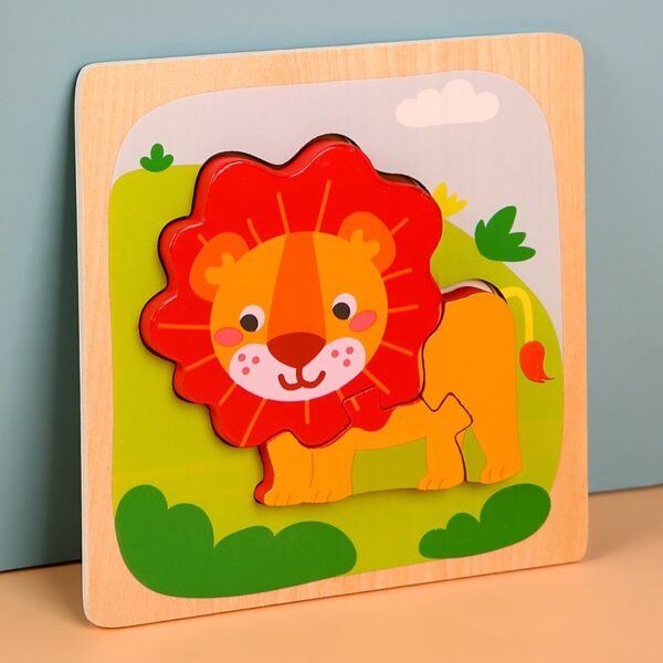 Puzzle Montessori din Lemn pentru Copii, , 3D, 0-3 Ani, Model Leu, Educativ, Intuitiv, Creativ, 3 Piese, 15x15x0.5 cm, Multicolor - imagine 3