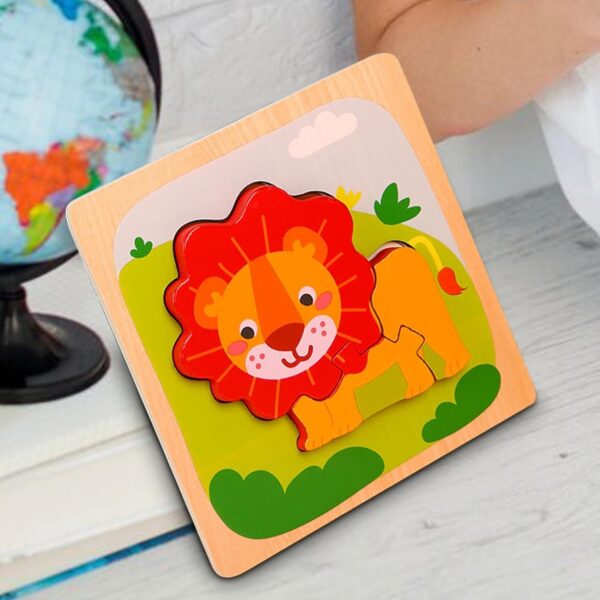 Puzzle Montessori din Lemn pentru Copii, , 3D, 0-3 Ani, Model Leu, Educativ, Intuitiv, Creativ, 3 Piese, 15x15x0.5 cm, Multicolor - imagine 4