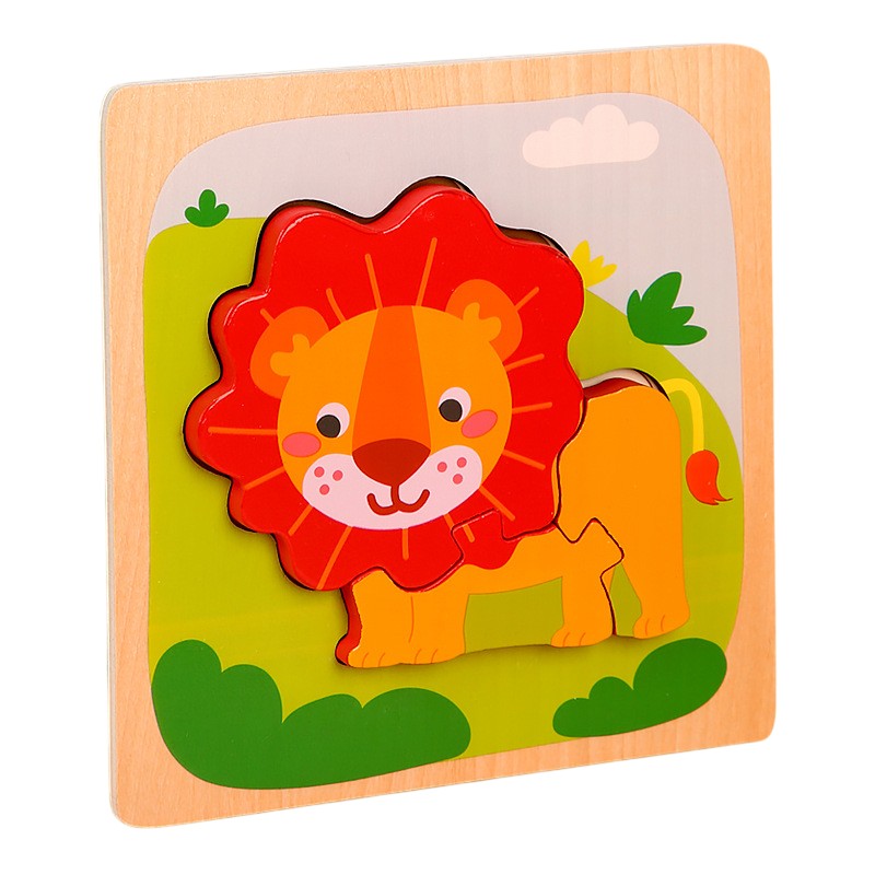 Puzzle Montessori din Lemn pentru Copii, , 3D, 0-3 Ani, Model Leu, Educativ, Intuitiv, Creativ, 3 Piese, 15x15x0.5 cm, Multicolor