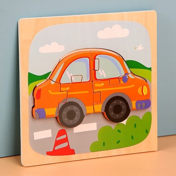Puzzle Montessori din Lemn pentru Copii, , 3D, 0-3 Ani, Model Masina, Educativ, Intuitiv, Creativ, 5 Piese, 15x15x0.5 cm, Multicolor - imagine 3