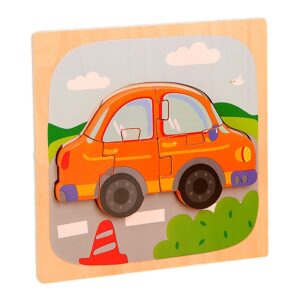 Puzzle Montessori din Lemn pentru Copii, , 3D, 0-3 Ani, Model Masina, Educativ, Intuitiv, Creativ, 5 Piese, 15x15x0.5 cm, Multicolor