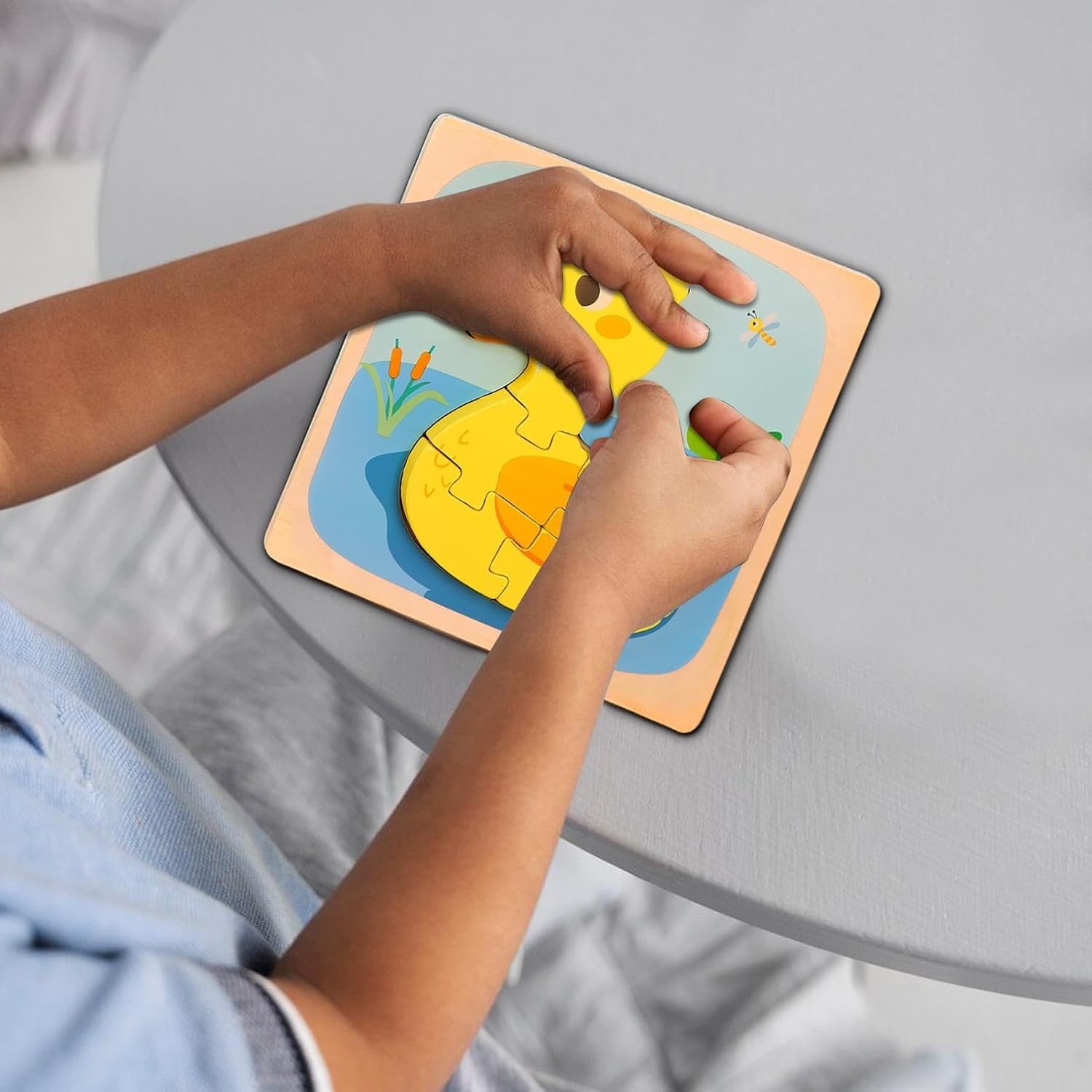 Puzzle Montessori din Lemn pentru Copii, , 3D, 0-3 Ani, Model Ratusca, Educativ, Intuitiv, Creativ, 5 Piese, 15x15x0.5 cm, Multicolor - imagine 3