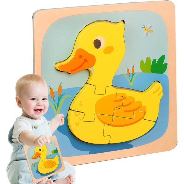 Puzzle Montessori din Lemn pentru Copii, , 3D, 0-3 Ani, Model Ratusca, Educativ, Intuitiv, Creativ, 5 Piese, 15x15x0.5 cm, Multicolor - imagine 4