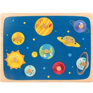 Puzzle Montessori din Lemn pentru Copii, , 3D, 0-3 Ani, Model Sistemul Solar, Educativ, Intuitiv, Creativ, 9 Piese, 30x22.5x0.8 cm, Multicolor