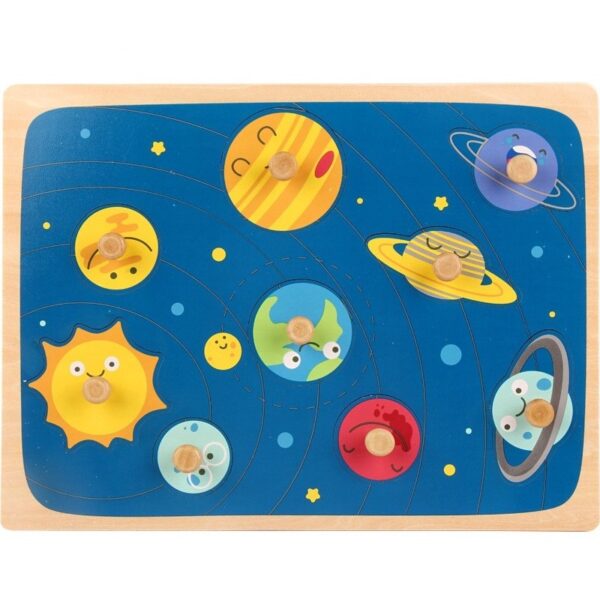 Puzzle Montessori din Lemn pentru Copii, , 3D, 0-3 Ani, Model Sistemul Solar, Educativ, Intuitiv, Creativ, 9 Piese, 30x22.5x0.8 cm, Multicolor