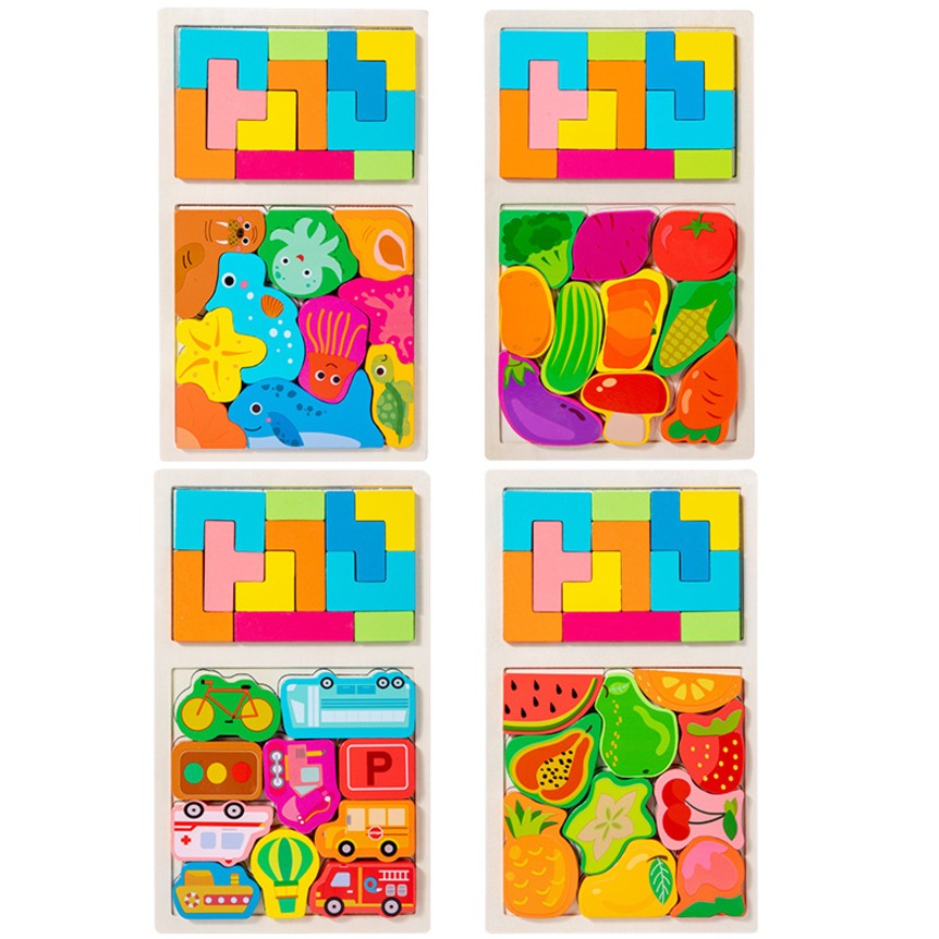 Puzzle Montessori din Lemn pentru Copii, , Tip Tetris 2in1 +3 Ani, cu Animale Marine Colorate 3D, Educativ, Intuitiv, Creativ, 21 de Piese, 28.5x17x1.2 cm, Multicolor - imagine 4