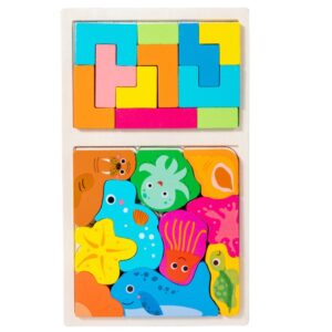 Puzzle Montessori din Lemn pentru Copii, , Tip Tetris 2in1 +3 Ani, cu Animale Marine Colorate 3D, Educativ, Intuitiv, Creativ, 21 de Piese, 28.5x17x1.2 cm, Multicolor
