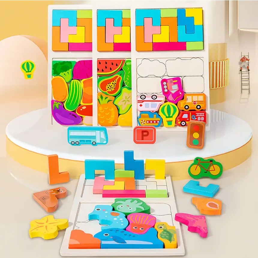 Puzzle Montessori din Lemn pentru Copii, , Tip Tetris 2in1 +3 Ani, cu Fructe Colorate 3D, Educativ, Intuitiv, Creativ, 21 de Piese, 28.5x17x1.2 cm, Multicolor - imagine 3