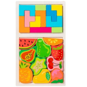 Puzzle Montessori din Lemn pentru Copii, , Tip Tetris 2in1 +3 Ani, cu Fructe Colorate 3D, Educativ, Intuitiv, Creativ, 21 de Piese, 28.5x17x1.2 cm, Multicolor