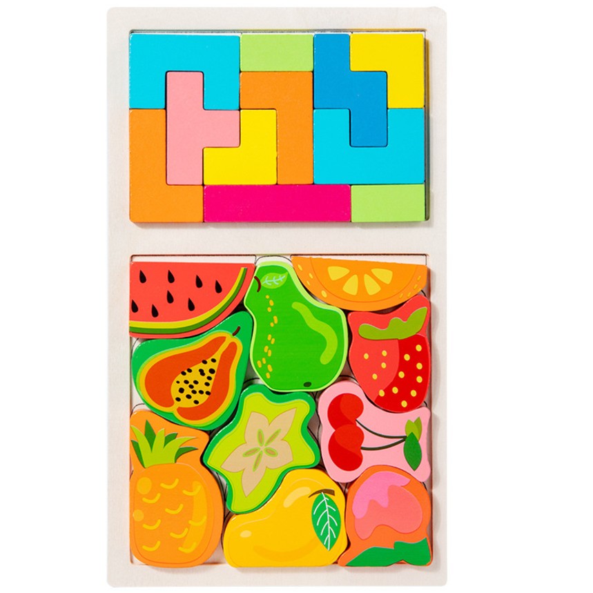 Puzzle Montessori din Lemn pentru Copii, , Tip Tetris 2in1 +3 Ani, cu Fructe Colorate 3D, Educativ, Intuitiv, Creativ, 21 de Piese, 28.5x17x1.2 cm, Multicolor