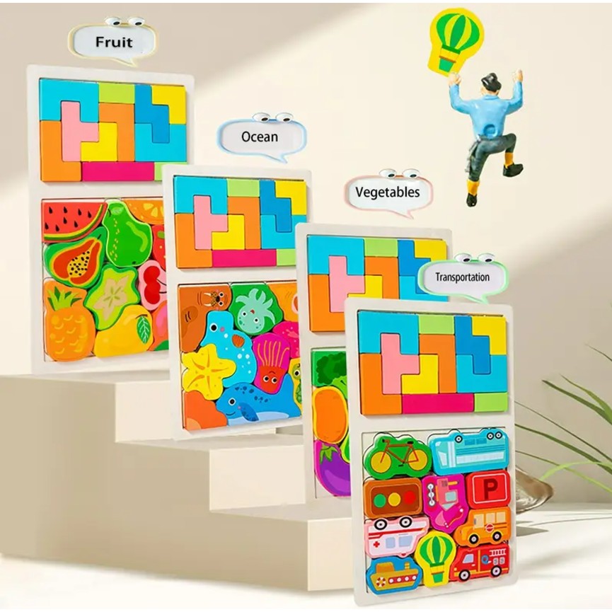 Puzzle Montessori din Lemn pentru Copii, , Tip Tetris 2in1 +3 Ani, cu Legume Colorate 3D, Educativ, Intuitiv, Creativ, 21 de Piese, 28.5x17x1.2 cm, Multicolor - imagine 3