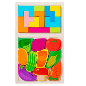 Puzzle Montessori din Lemn pentru Copii, , Tip Tetris 2in1 +3 Ani, cu Legume Colorate 3D, Educativ, Intuitiv, Creativ, 21 de Piese, 28.5x17x1.2 cm, Multicolor