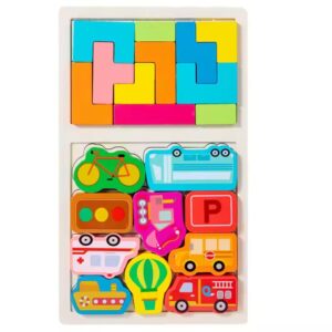 Puzzle Montessori din Lemn pentru Copii, , Tip Tetris 2in1, +3 Ani, cu Masini Colorate 3D, Educativ, Intuitiv, Creativ, 21 de Piese, 28.5x17x1.2 cm, Multicolor