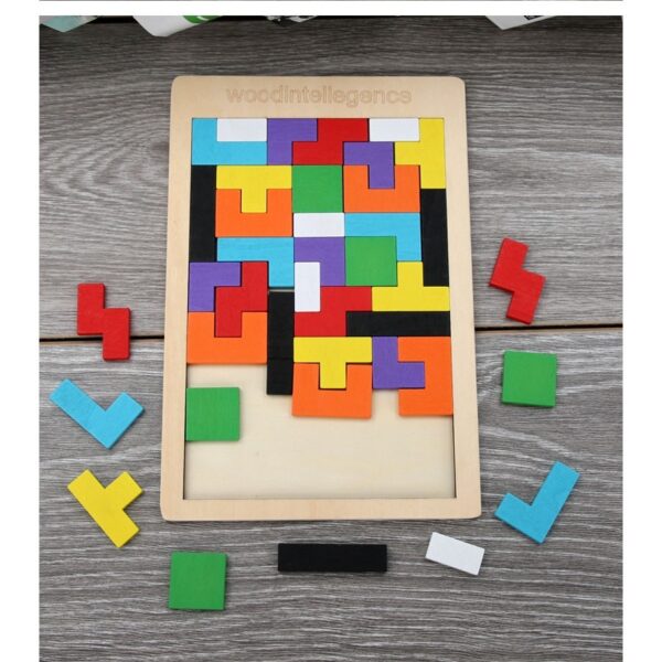 Puzzle Montessori, , din Lemn, Tip Tetris, +36 Luni, Forme Neregulate, 40 Piese, 26.5 x 17.7 cm, Multicolor