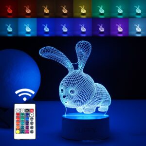 Lampa LED decorativa, , 3D, Iepure, cu USB si baterii, 20 cm inaltime, din material acril, lumina multicolora si telecomanda inclusa, alb