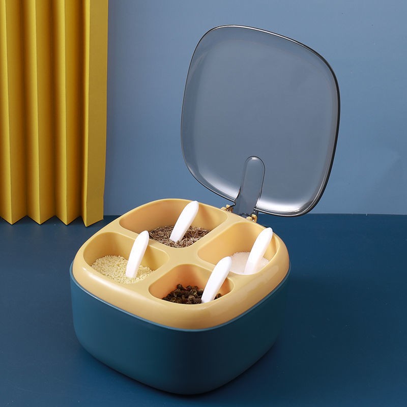 Recipient pentru condimente , 4 casute, potrivit pentru sare, cimbru, piper, condimente, 4 lingurite din plastic, capac din plastic, maner, 14x14x8 cm, albastru - imagine 2