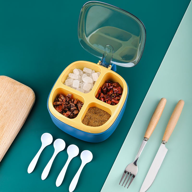 Recipient pentru condimente , 4 casute, potrivit pentru sare, cimbru, piper, condimente, 4 lingurite din plastic, capac din plastic, maner, 14x14x8 cm, albastru - imagine 3