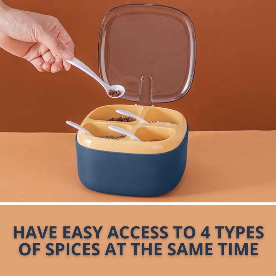 Recipient pentru condimente , 4 casute, potrivit pentru sare, cimbru, piper, condimente, 4 lingurite din plastic, capac din plastic, maner, 14x14x8 cm, albastru - imagine 4