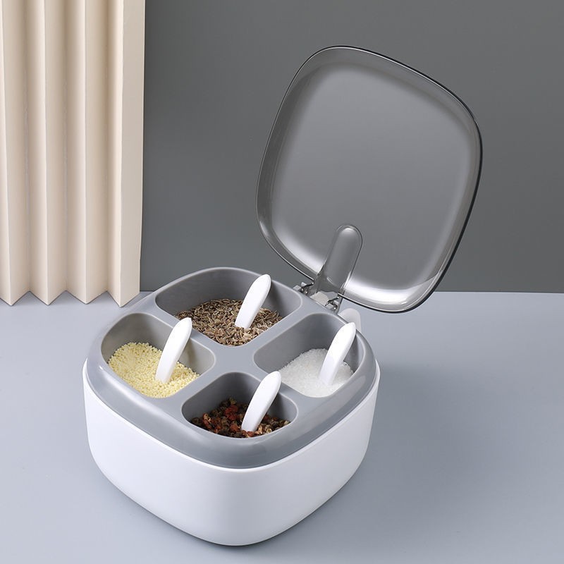 Recipient pentru condimente , 4 casute, potrivit pentru sare, cimbru, piper, condimente, 4 lingurite din plastic, capac din plastic, maner, 14x14x8 cm, alb - imagine 2