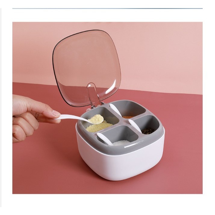 Recipient pentru condimente , 4 casute, potrivit pentru sare, cimbru, piper, condimente, 4 lingurite din plastic, capac din plastic, maner, 14x14x8 cm, alb - imagine 4